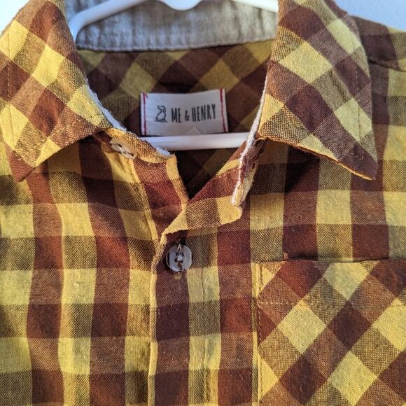 Me + Henry Button Down Boys Sz 3-4y Long Sleeve Rust Gingham Short Fall - Picture 2 of 7